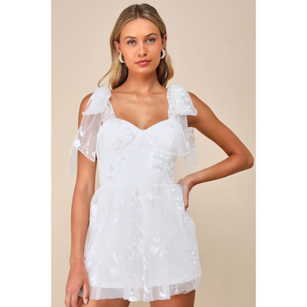 Lulu's White Floral Mesh Romper with Tie Shoulder Straps
